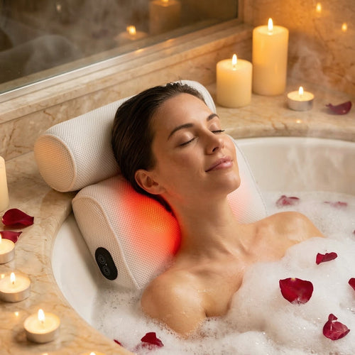 Woman relaxing in a bubble bath with candles and rose petals