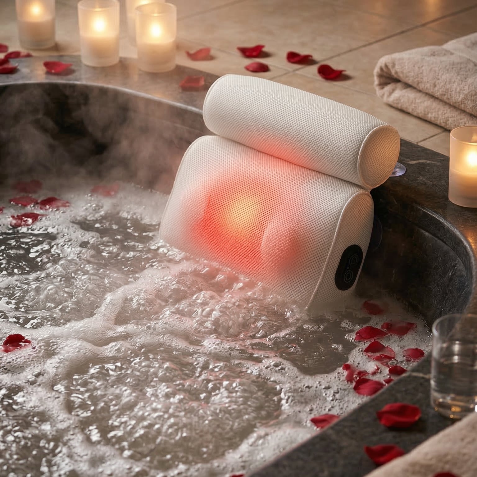 Massage pillow with red light in a hot tub with candles and rose petals