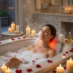 Woman relaxing in a bathtub with candles and rose petals in a spa-like setting.